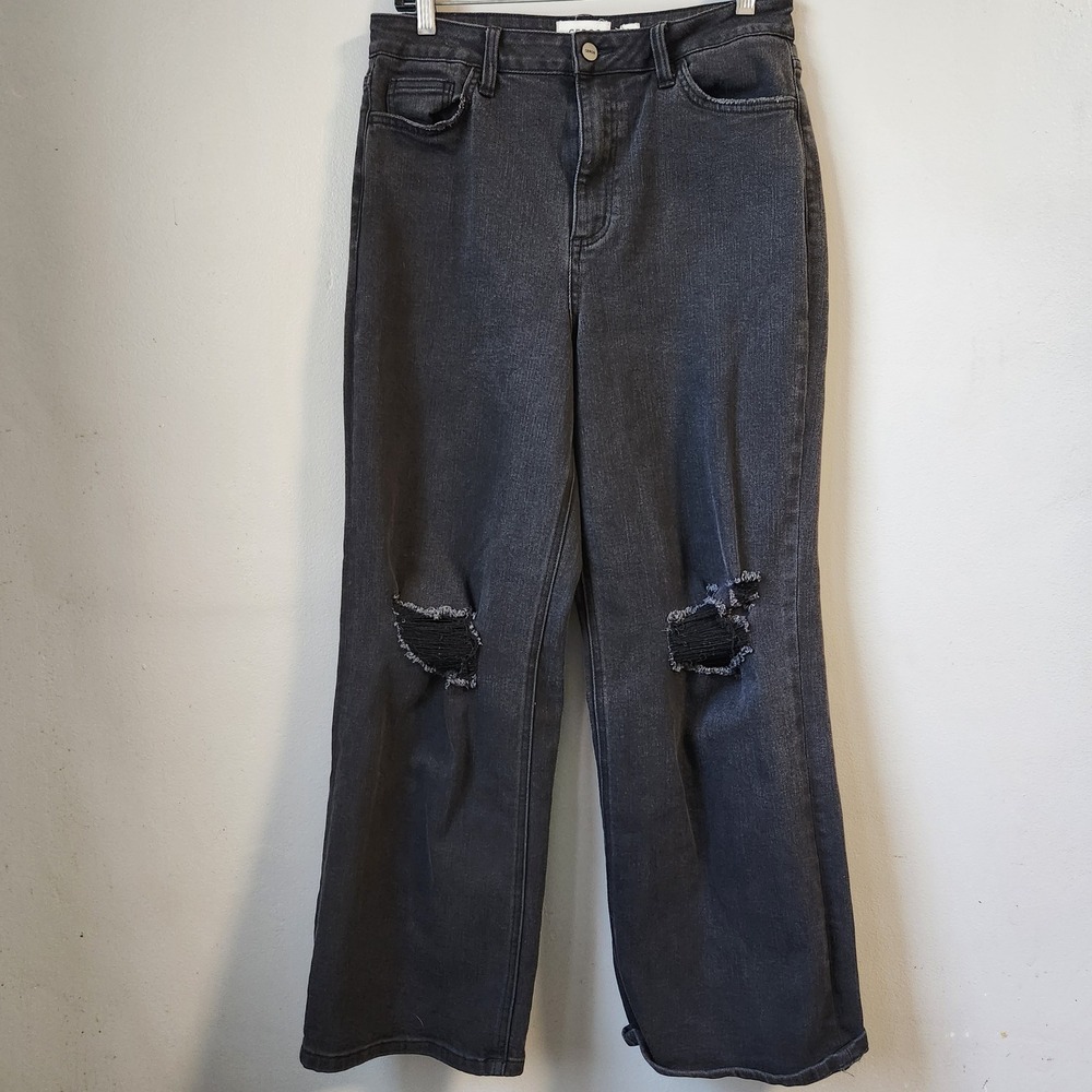 Ceros Distressed Wide Leg Jeans Ripped Knee Black Denim‎ High Rise Size 29